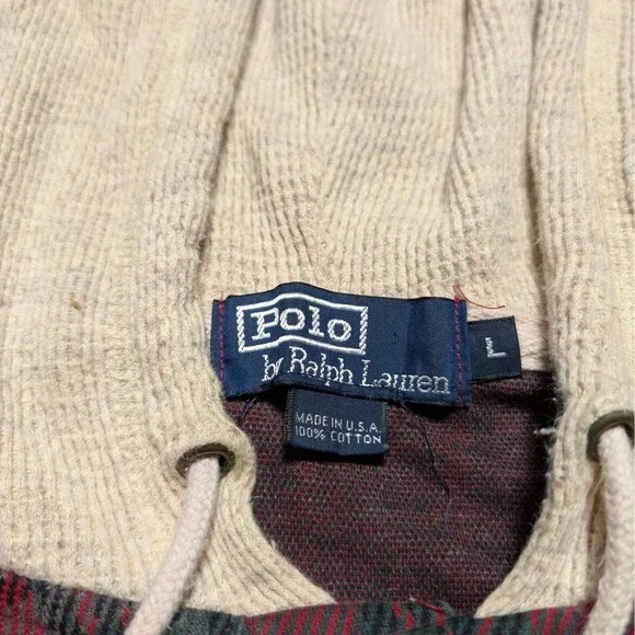 VTG Polo Ralph Lauren Men's L Plaid Tan 1/4 button Hoodie Pullover Shirt USA
